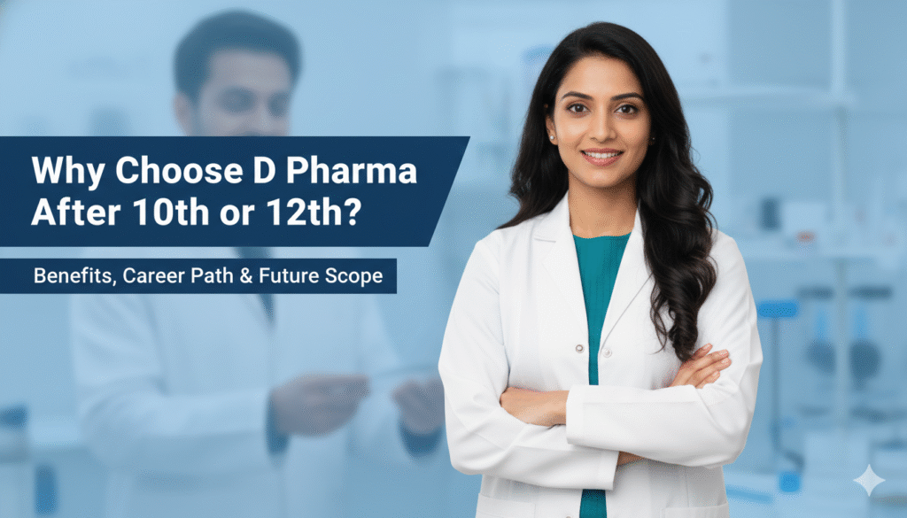 Professional female pharmacist standing confidently in a lab setting beside a banner about choosing D Pharma after 10th or 12th.