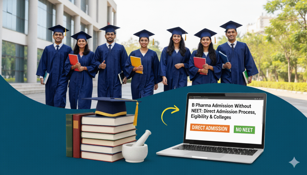 Pharmacy graduates in convocation gowns with books, alongside a laptop displaying B Pharma admission without NEET information.