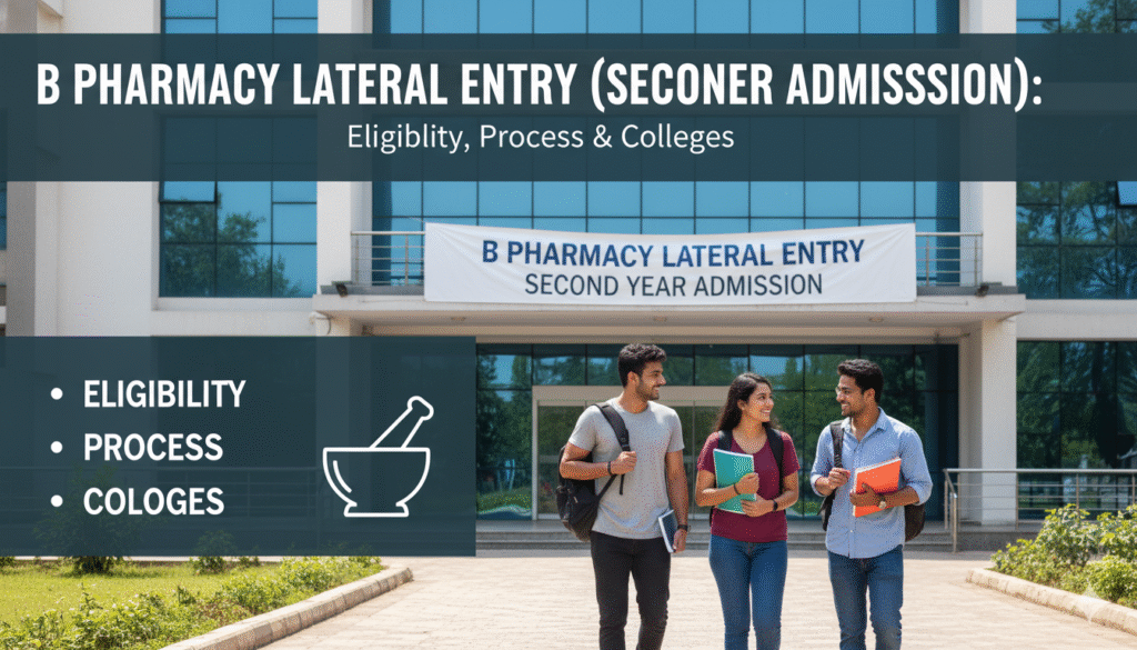 Students standing in front of a pharmacy college promoting B Pharmacy Lateral Entry second-year admission.