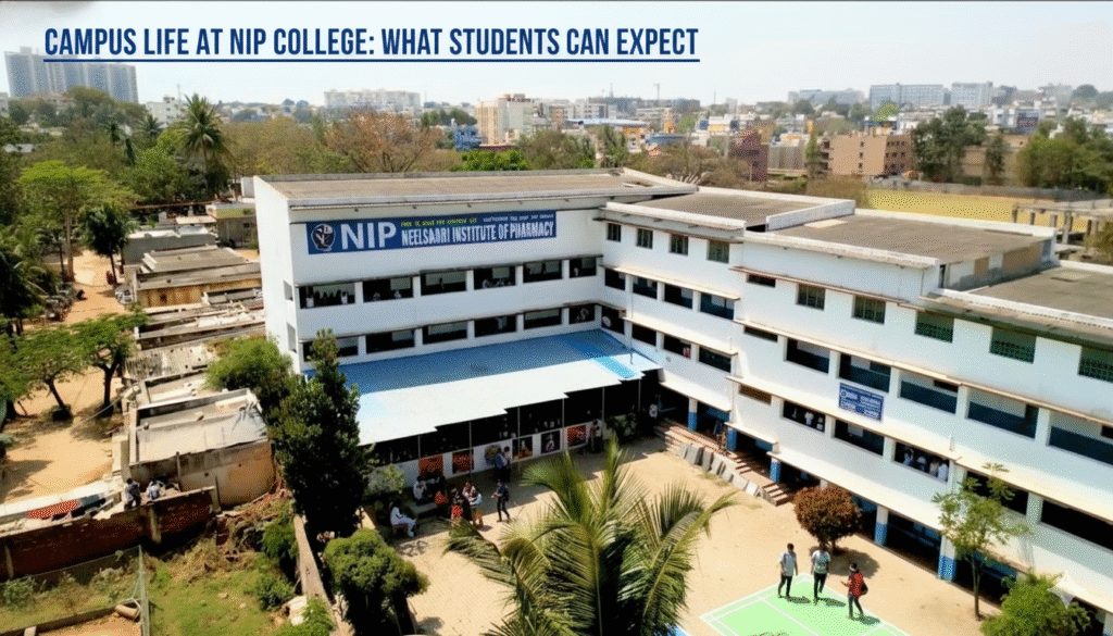 Campus view of Neelsaroj Institute of Pharmacy (NIP College), Bengaluru, showing academic buildings, students, greenery, and open courtyard.