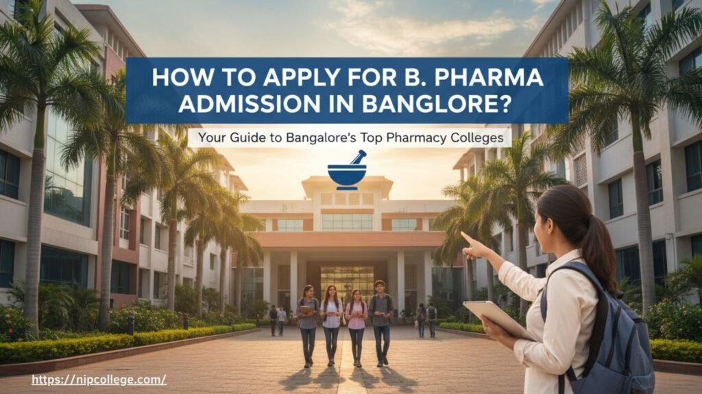 How to apply for B Pharma admission in Bangalore – students walking on a pharmacy college campus with a guide pointing toward the main academic building, highlighting top pharmacy colleges in Bangalore.